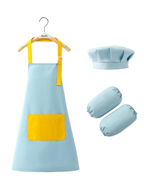 Cooking Apron - キッズ エプロン スモック 子供用 男女兼用 完全防水 撥水 ポリエステル 3点セット コック帽 幼稚園 保育園 お絵かき 料理体験 お菓子作り 図工 遊び着 作業用 習い事