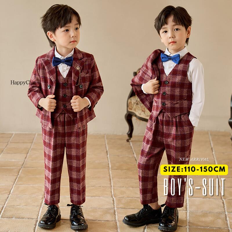 Suits, Tuxedos （Boys） - 男の子 子供スーツ セットアップ キッズスーツ 卒業式 入学式 おしゃれスーツ チェック柄 子どもスーツ フォーマル 七五三 子供服 長袖 赤 レッド 青 ブルー シャツ付 5点セット 4点