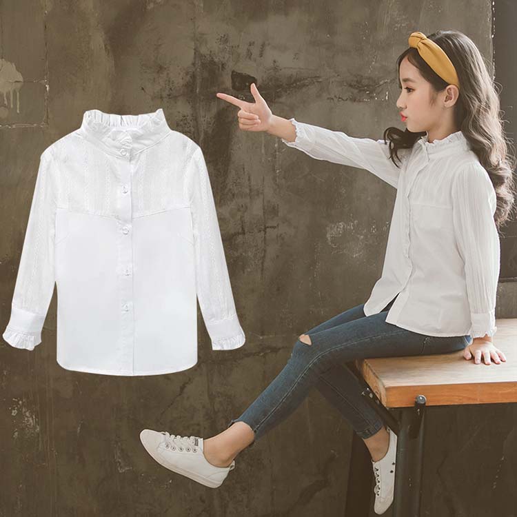 Rakuten - フリル 襟 ブラウス 子供服 長袖シャッツ スタンドカラー 綿 柔らかい フリルデザイン Tシャツ 前ボタン 無地 前開 春秋 女の子 カジュアル 韓国風 入学式 おしゃれ 白 発表会 入園式