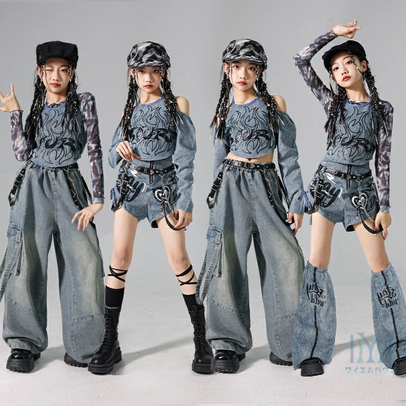Rakuten - 女の子 ダンスパンツ ヒップホップ ダンス衣装 キッズ hiphop ステージ衣装 k-pop衣装 長袖トップス セットアップ デニムパンツ