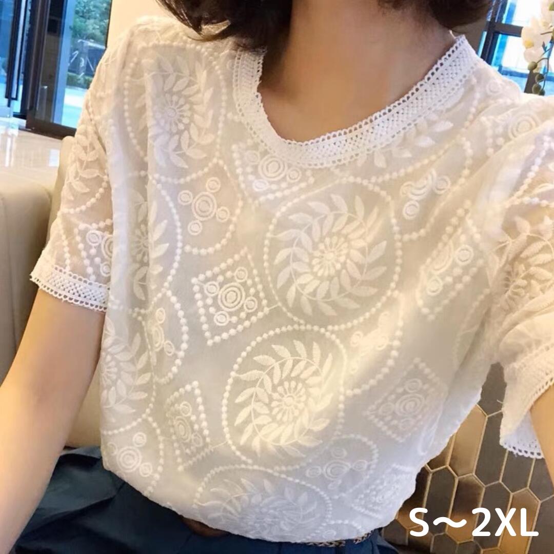 Blouses - 刺繍半袖 シャツ ブラウス レディース 清楚 上品おしゃれ 大人 人気 カワイイ 可愛い 上品 エレガント 20代 30代 40代 50代 カットソー 夏物 セレ シワになりにくい フォーマル