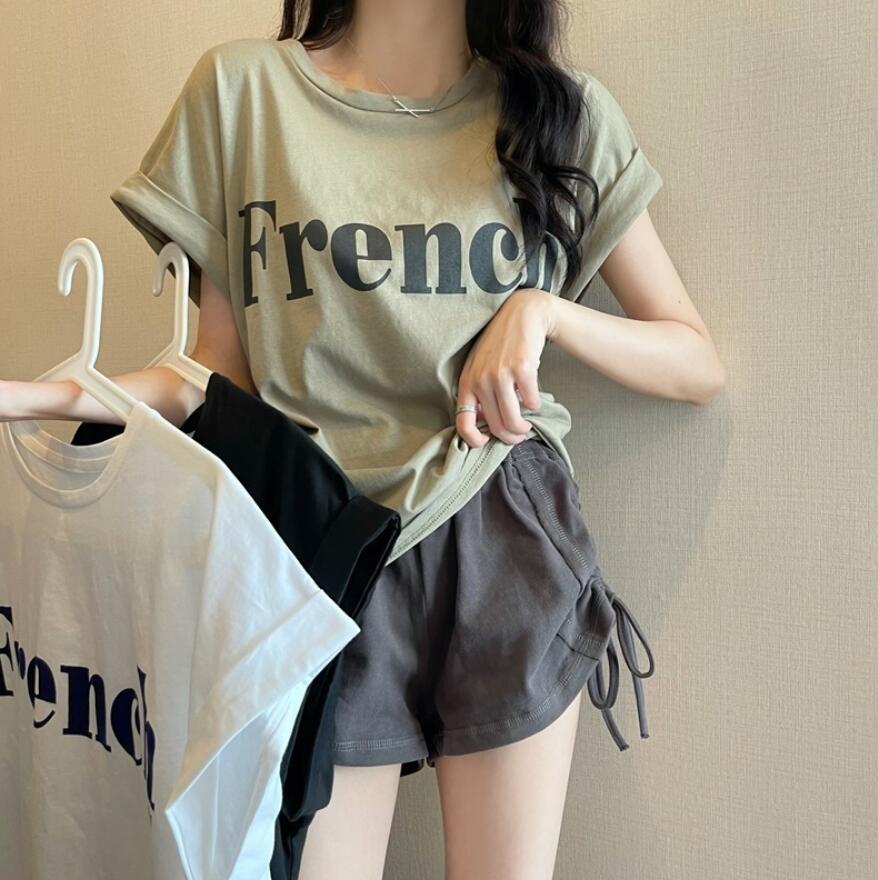 乐天商城 - Tシャツ レディース 半袖 ロゴ プリント フレンチスリーブ トップス カットソー おしゃれ 夏 春 カジュアル シンプル ゆったり オーバーサイズ 体型カ トレンド 二の腕カバー