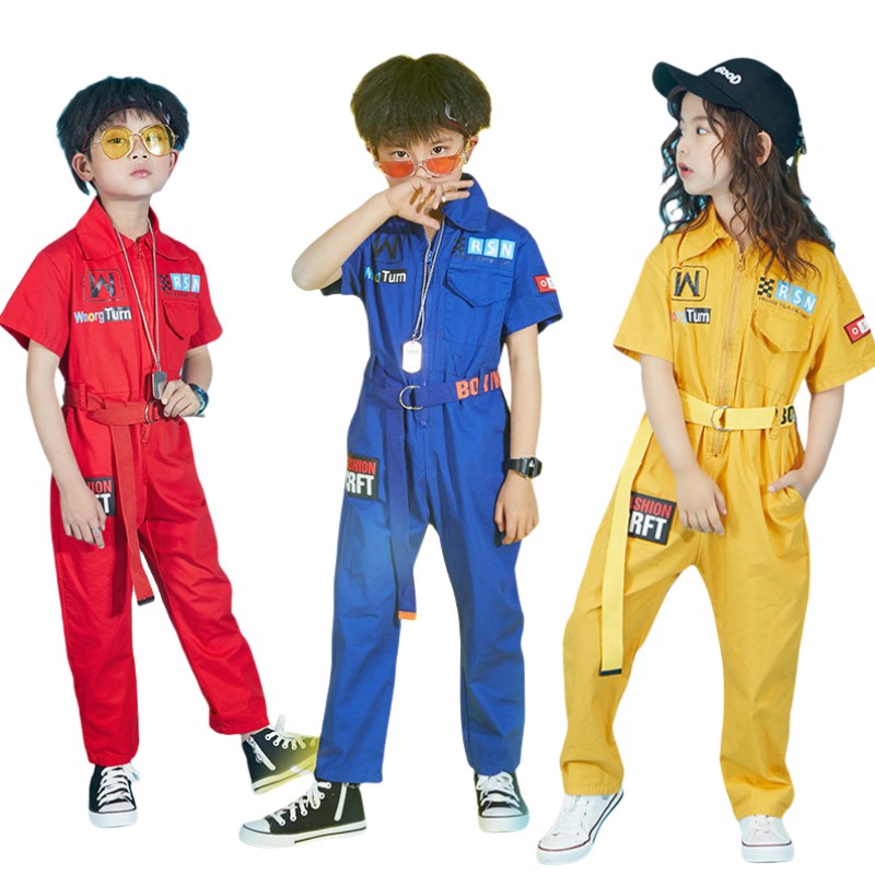 Overalls - キッズダンス衣装 つなぎ ヒップホップ オーバーオール 子供服 作業服 オールインワン 男の子 hiphop ガールズ 半袖 チアガール 女の子 韓国 ファッシ ツナギ チアダンス 派手