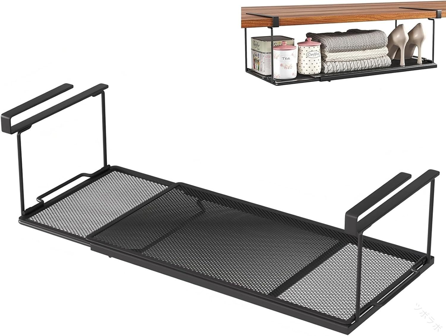 Rakuten - 伸縮式 吊り下げ オーガナイザー 棚 38cm〜70cm 伸縮可能 ラック 伸縮 吊戸下 はさみ 戸棚下 収納 吊り戸棚 ストッカー 加工 防錆 バスケット