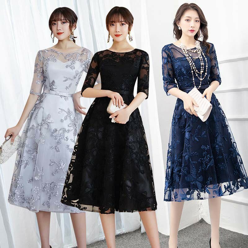 Rakuten - イブニングドレス 結婚式お呼ばれドレス ロングドレス パーティードレス 韓国 ブラックドレス 成人式ドレス 同窓会ドレス かっこいい ワンピース フ レース 袖あり フォーマル