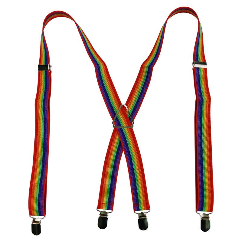 Suspenders - サスペンダー メンズ 男性 成人 2.5cm幅 カラフル レインボー ストライプ柄 4クリップ X型 長さ調整可能 伸縮性 ゴム レザー スラックス ジャカード織り 金具