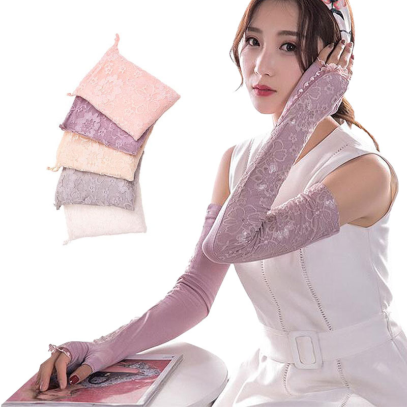 Arm Warmers - 総花柄レース UVカット95% 冷感ロングアームカバー 涼しい 速乾 冷房対策 指なし タトゥー隠し クール 日よけ おしゃれ 可愛い リボン 花柄 レース グ 手袋 腕カバー 夏対策グッズ