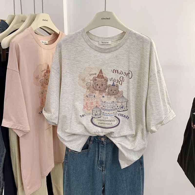 Rakuten - ラウンドネック コットン 夏 ゆったり シンプル おしゃれ レディースTシャツ半袖 特大 サイズ 300 斤 かわいい クマ プリント 綿 半袖 Tシャツ 女性 太った ト 肌着 女の子