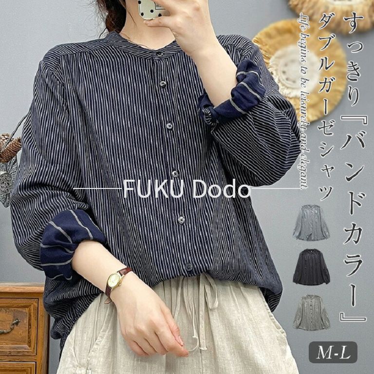 Blouses - ストライプ ガーゼシャツ レディース シャツ ブラウス 綿100％ ガーゼブラウス 長袖 春 秋 バンドカラー レディースシャツ トップス ガーゼ ダブルガーゼ ナチュ カジュアル 2重ガーゼ