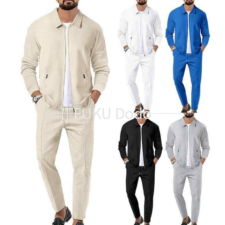 Rakuten - メンズセットアップ 男性用 春秋冬 ワッフル素材 ジップファスナー 襟付き スリムフィット カーディガン ブルゾン ポリエステル スポーツカジュアル ロングパンツ アウター
