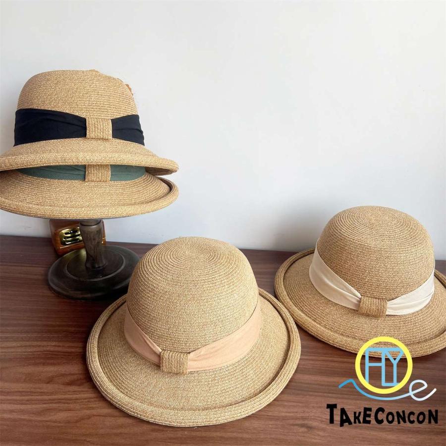 Straw Hat - 上品リボン つば巻き 麦わらハット 女性 夏 日焼け止め フィッシャーマン レディース リゾート ギフト