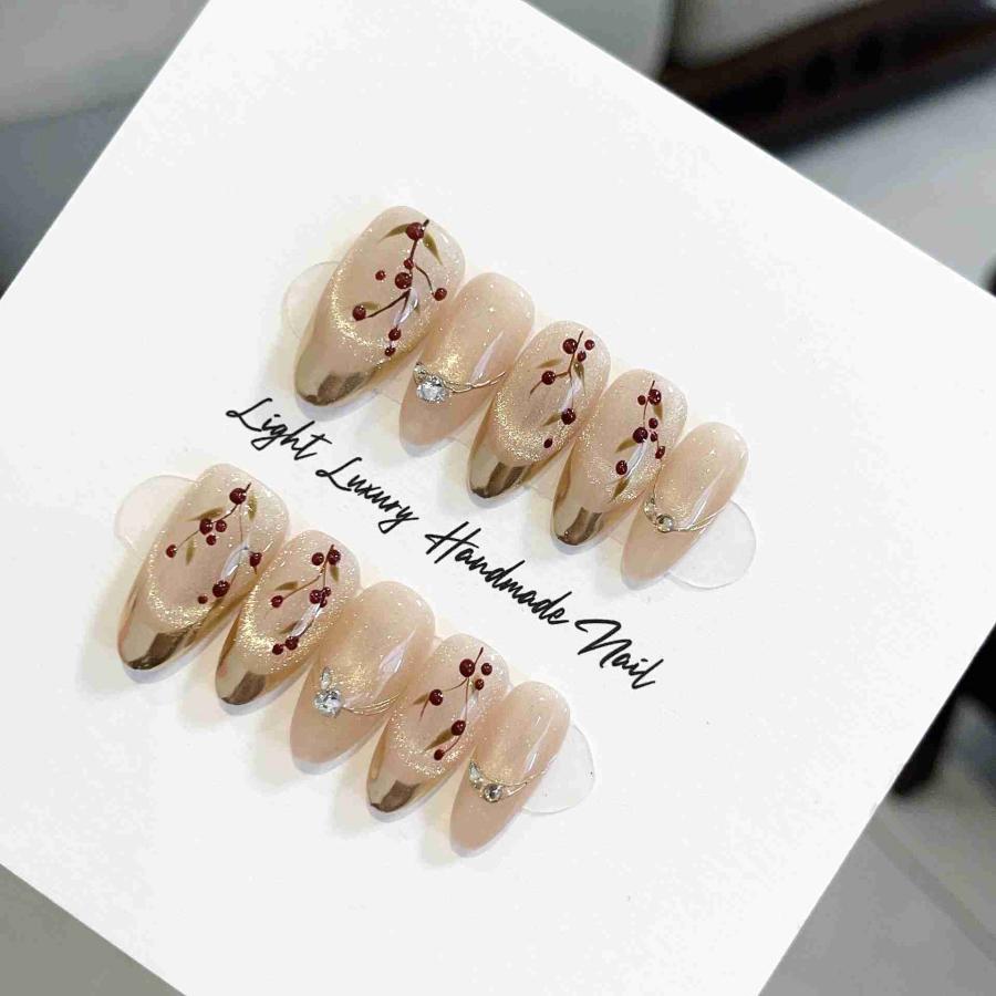 乐天商城 - ネイルチップセット 大人気 キャッツアイ フレンチチェリー ハンドメイド高級感 ネイルチップ 卸売つけ爪 ハンドメイドネイル