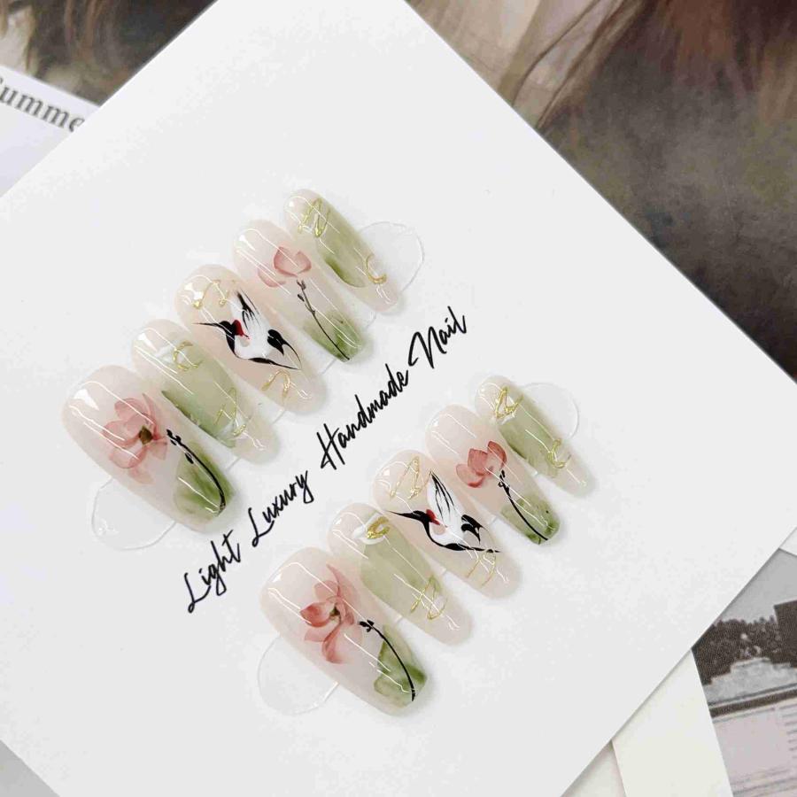 Rakuten - ネイルチップセット 水彩ハンドメイド 鶴×蓮の花 高級感 おしゃれ 高品質つけ爪 ハンドメイドネイル