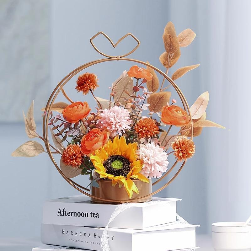 Rakuten - 敬老の日 敬老の日 花 アーティフィシャルフラワー スチール花器 バラ ひまわり 花鉢 造花 バスケット カゴ 孫 60代 70代 飾り付け 引っ