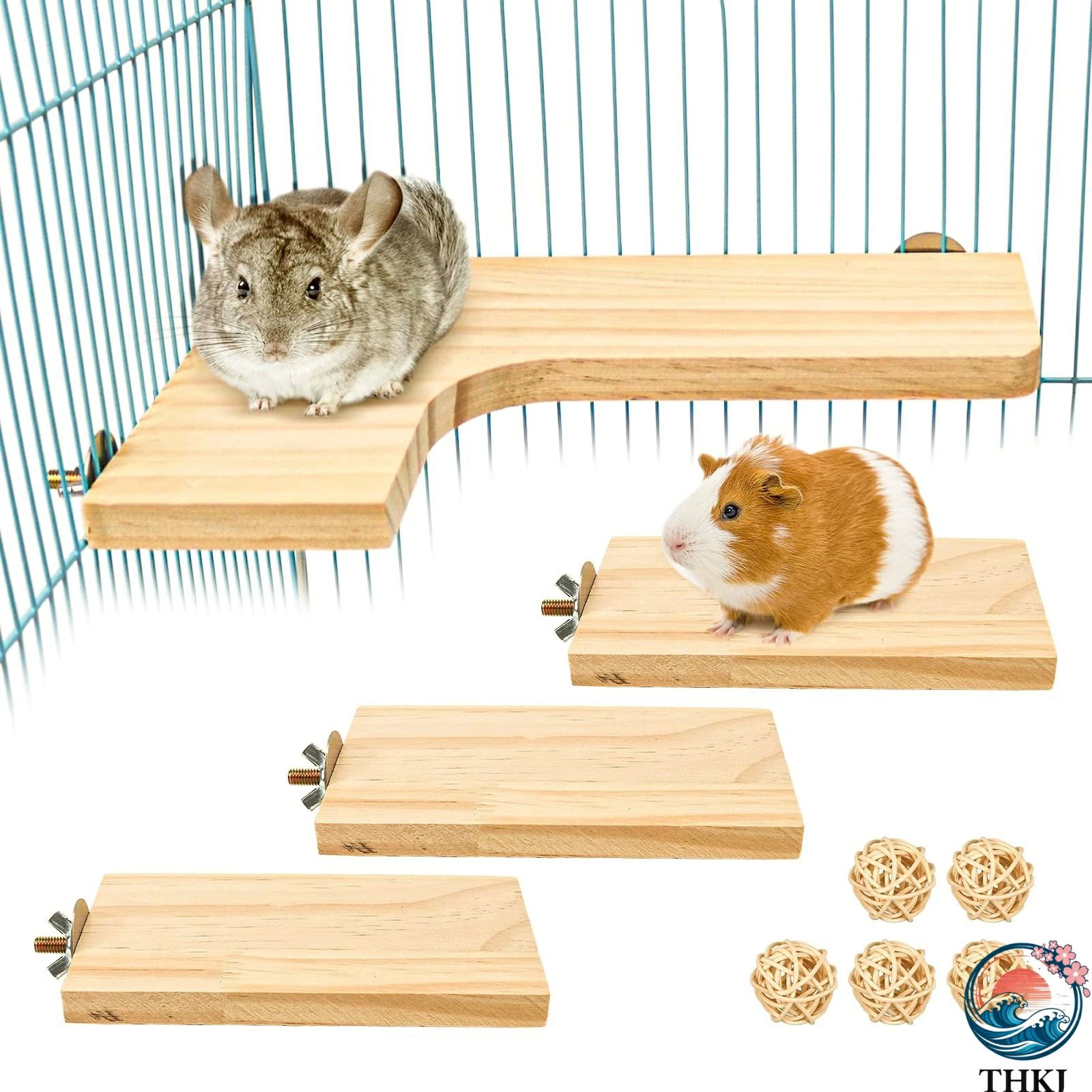 Rakuten - 3点セット ペット用品 小動物 L字型 木製コーナーステージ ハムスターのステップ 踏み台 シマリス モモンガ チンチラ チビトトロ 飼育ケージ内装 足場 遊び場 運動不足に対応 取り付け簡単 安全 耐久性 (H01)