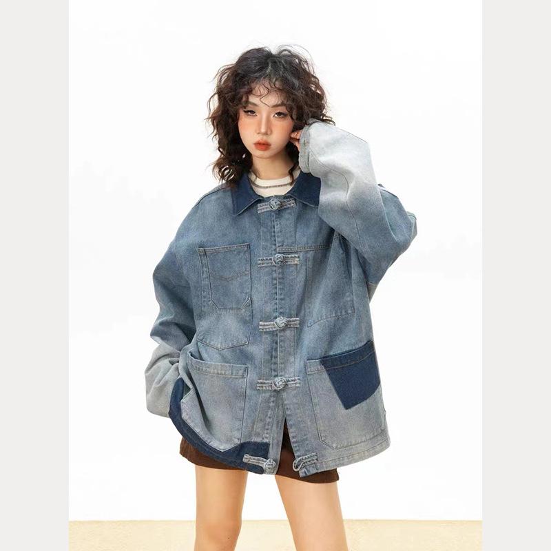 ジャケット レディース 新チャイナ風 デニムジャケット ゆったり ルーズフィット オーバーサイズ 長袖 中華デザイン 青 ブルー 春秋ア..