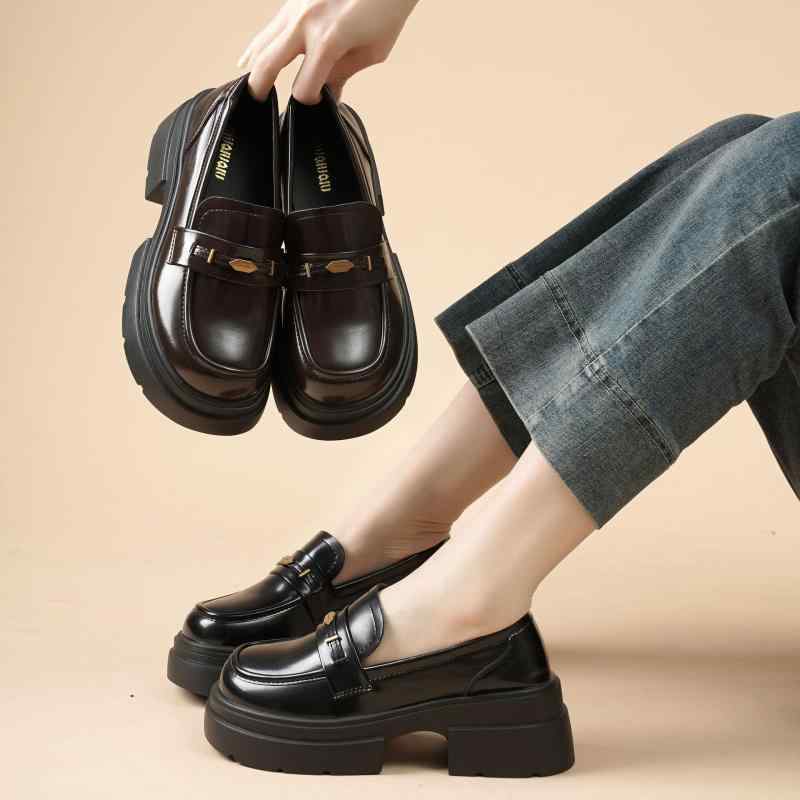 Women'S Shoes - 靴 ローファー ブリティッシュスタイル フェイクレザー 太ヒール レトロ 厚底 ラウンドトゥ ミドルヒール ロリータ ファッション カジュアル ブラック 春夏秋