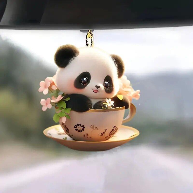 Rakuten - 車用オーナメント かわいい 茶杯パンダ アクリル 動物マスコット 軽量 車内装飾 バックミラー吊り下げ クリスマス デコレーション プレゼント 癒しグッズ