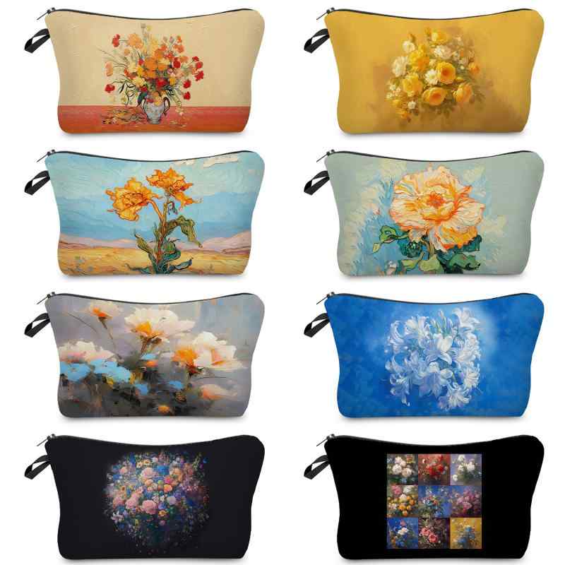 Rakuten - 化粧ポーチ レディース 女性用 油絵風 花柄プリント リップケース 洗面用具ケース トラベル収納 コスメバッグ エコフレンドリー 軽量 コンパクト ポリエステル製 小物入れ