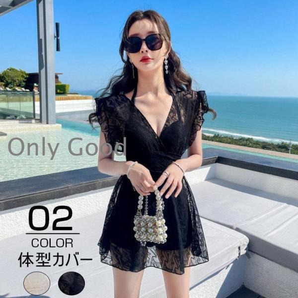Two-Piece - 水着 レディース 体型カバー ワンピースレース オールインワン ショットパンツ 小胸バンドゥ オシャレ韓国風 着痩せ スイムウェア