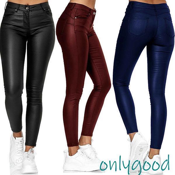 Long Pants - レザーパンツ スキニー レディース 革パン PUレザー フェイクレザー スパッツ パンツ ボトムス スリムパンツ スリム レギンス タイト 細身 革ジャン ストレート