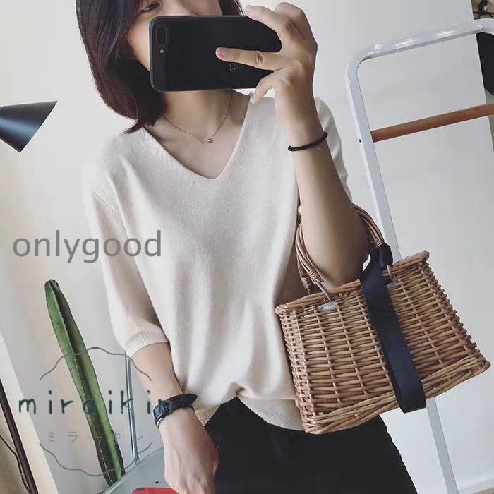 樂天商城 - tシャツ Tシャツ ニット ニットソー Vネック トップス フィット シルエット リブ ゆったり 無地 レディース シンプル 華奢見え 着まわし 鎖骨見せ 夏 上質感