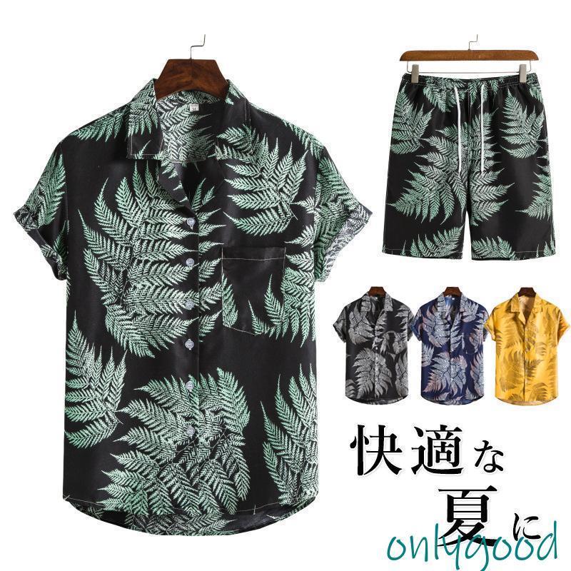 T-Shirts - セットアップ アロハシャツ ショートパンツ メンズ カジュアルシャツ トップス 開襟 アロハ オープンカラー リゾート 海 ビーチ おしゃれ かっこいい