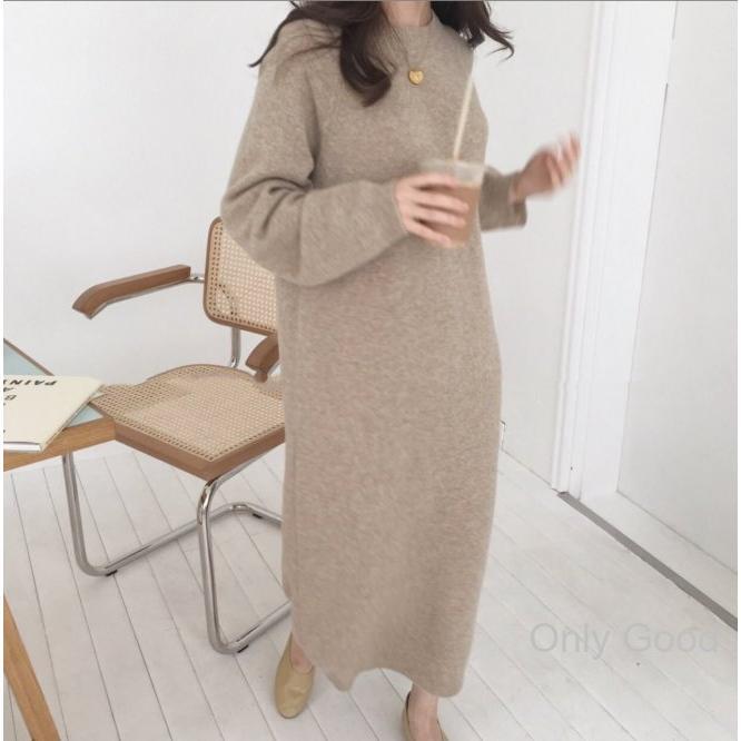Rakuten - ニットワンピース　レディース　秋冬　ロングワンピース ニット ワンピース　ロング　ワンピー　Vネック　無地　シンプル　ミモレ丈　ワンピース　長袖　カジュ