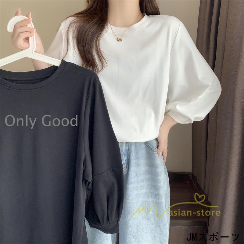 樂天商城 - 7分袖Tシャツ レディース Tシャツ 夏服 秋物 夏秋物 トップス 夏秋服 パフスリーブ ゆったり 無地 丸首 20代30代 可愛い 40代50代 春夏秋 夏コーデ 秋コーデ