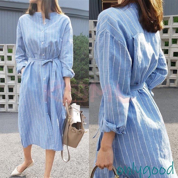 ワンピース レディース マキシワンピース 夏 長袖 ワンピース vネック シャツワンピ 韓国風 ロング丈 着痩せ オシャレ スリーブ リネン..