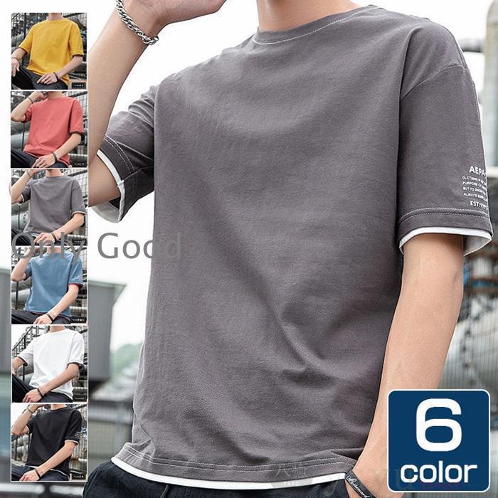 乐天商城 - Tシャツ メンズ レイヤード風 重ね着風 半袖Tシャツ トップス クルーネック 半袖 ルームウェア 丸首 ゆったり ドロップショルダー 肩落ち カジュアル