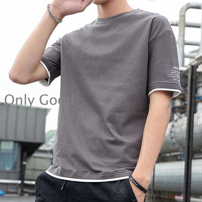 Tシャツ メンズ レイヤード風 重ね着風 半袖Tシャツ トップス クルーネック 半袖 ルームウェア 丸首 ゆったり ドロップショルダー 肩落ち カジュアル