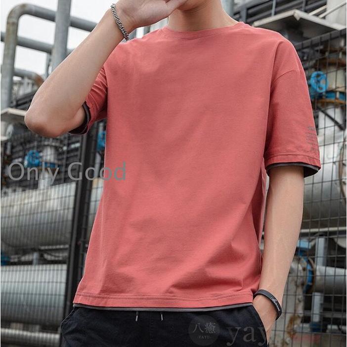 Tシャツ メンズ レイヤード風 重ね着風 半袖Tシャツ トップス クルーネック 半袖 ルームウェア 丸首 ゆったり ドロップショルダー 肩落ち カジュアル