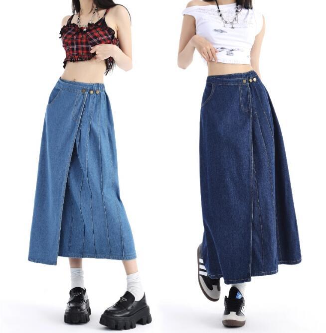 大きいサイズ レディース ファッション スカート ぽっちゃり おおきいサイズ あり デニム ロング丈 ラップ巻きスカート風デザイン S M L LL 3L 4L 5L 春夏