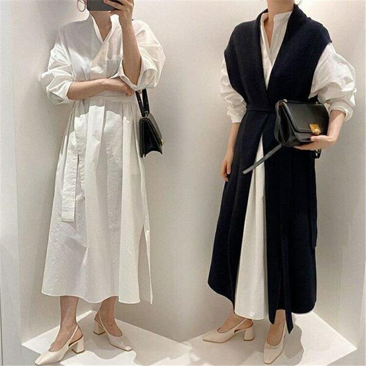 乐天商城 - ニットベスト ロング ワンピース2点セット ニットベスト ロング ニットワンピース セットアップ シャツワンピース ワンピース 秋冬 レディース 黒 ワンピース 長袖 秋冬ワンピース 長袖 ニットベスト ロング セットアップ 着痩せ
