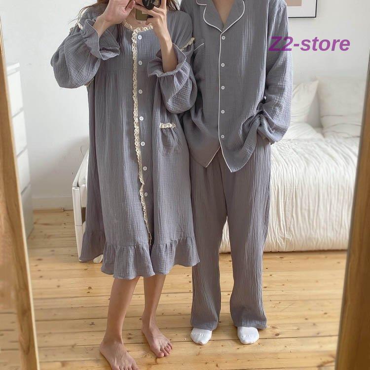 パジャマ カップル 春秋冬 ペアパジャマ 前開き 長袖 ルームウェア 恋人 お揃い ペアルック ワンピース..