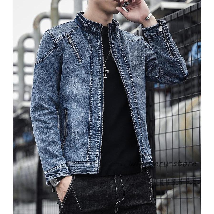 Rakuten - ジャケット デニムジャケット メンズ ジージャン gジャン ライダースジャケット 50代 40代 デニム ノーカラー ジップアップ ウォッシュ加工 個性 秋 冬