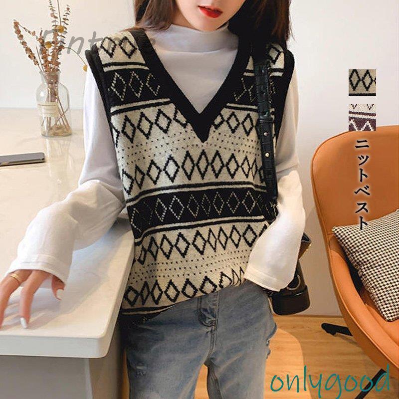 V-Neck - ベスト ニットベスト トップス ニット セーター レディース ノースリーブ ニットセーター チェック柄 秋 vネック ゆったり 通学 40代