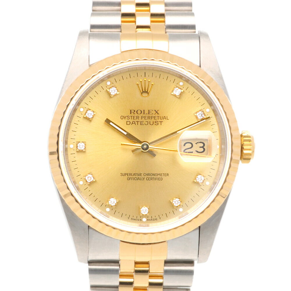 キーワード 送料無料 中古 ROLEX ロレックス デイトジャスト オイスターパーペチュアル 腕時計 SS K18YG 腕時計 オイスターパーペチュアル S番 1993年式 10Pダイヤ 16233G シルバー ゴールド メンズ おしゃれ かっこいい ステンレススチール K18イエローゴールド【SH】【BIM】 ブランド ブランド品 ブランドアイテム ハイブランド コレクション シリーズ モデル贈り物に ウェディング ウエディング プロポーズ 記念お正月 お年玉 母の日 父の日 クリスマス クリスマスプレゼント バレンタイン イベント お祝い 入学祝い 卒業祝い 成人祝い 就職祝い 昇進祝い 出産祝い 内祝い 開店祝い 新築祝い 還暦祝い 長寿祝い お返し お礼 返礼 ギフト プレゼント 贈り物 おくり物 贈もの 贈品 スーベニア ご褒美 ごほうび 春 夏 秋 冬1905年に誕生したロレックス。高級時計ブランドとして世界的な知名度と人気を誇ります。 シリアルナンバーのwebへの掲載、及び問い合わせ時にお答えすることを控えさせていただいております。予めご了承くださいませ。※画像上と実物では多少色具合が異なって見える場合もございます。 ※1点限りの商品ですのでお早めにどうぞ。尚、本品は中古品の為、気にならない程度の小キズがある場合がございます。 仕様 管理番号RWA01860000004508 ブランドROLEX/ロレックス タイプS番 1993年式 10Pダイヤ 型番16233G 対象メンズ カラー シルバー x ゴールド シリーズデイトジャスト ラインオイスターパーペチュアル 季節・シーズンオールシーズン シリアルS番 材質（地金） ステンレススチール/K18イエローゴールド サイズ ケース直径：約36.0mm腕周り：約17.0cm 仕様 ムーブメント：自動巻き2023年12月磨き直し済 重量約99.2g 程度 A（美品。キズやよごれの少なく状態が良い） 時計コンディション ケース：ダメージ：小キズ ベゼル：ダメージ：キズ バンド：ダメージ：伸び、キズ リューズ：ダメージ:小キズ クラスプ：ダメージ:小キズ 裏蓋：ダメージ:小キズ 保証期間お買い上げ日から1年間有効です。通常のご使用状態で自然故障および不良が発生した場合、修理・調整いたします。詳しくはご購入時に同梱するSHOP CARDをご確認ください。 付属品保存箱 、ギャランティ 程度ランク表