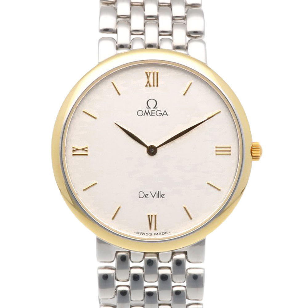 キーワード 送料無料 中古 OMEGA オメガ デヴィル 腕時計 SS GP 腕時計 シルバー ゴールド アイボリー メンズ ステンレススチール GPスイスの高級腕時計メーカー オメガ。優れた品質やデザインは世界中の人々に長い間愛され続けています。シリアルナンバーのwebへの掲載、及び問い合わせ時にお答えすることを控えさせていただいておりま ※画像上と実物では多少色具合が異なって見える場合もございます。 ※1点限りの商品ですのでお早めにどうぞ。尚、本品は中古品の為、気にならない程度の小キズがある場合がございます。 仕様 管理番号RWA01000000005802 ブランドOMEGA/オメガ 対象メンズ カラー シルバー x ゴールド x アイボリー シリーズデヴィル 季節・シーズンオールシーズン シリアル54867XXX 材質（地金） ステンレススチール/GP サイズ ケース直径：約32.0mm腕周り：約17.5cm 仕様 ムーブメント：クオーツ 重量約55.9g 程度 A（美品。キズやよごれの少なく状態が良い） 時計コンディション ケース：ダメージ：キズ、小キズ バンド：ダメージ：キズ、小キズ 文字盤：ダメージ:針のサビ、インデックスバーのサビ リューズ：ダメージ:キズ、小キズ クラスプ：ダメージ:キズ、小キズ 裏蓋：ダメージ:キズ、小キズ 保証期間お買い上げ日から1年間有効です。通常のご使用状態で自然故障および不良が発生した場合、修理・調整いたします。詳しくはご購入時に同梱するSHOP CARDをご確認ください。 程度ランク表