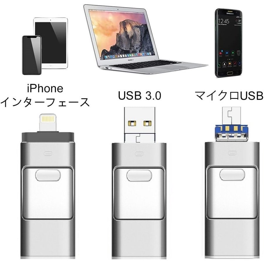 iPhone USBメモリ 64GB フラッシュドライブ OTGメモリー スライド式 データ転送 3in1 iPhone lighting/USB3.0/iOS/Android/PC 容量不足解消 3