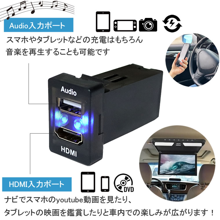 TOYOTA タイプAオーディオ中継用USBポート HDMI 電源ソケット USBポート2 USB接続通信パネル スマホ充電器 USB電源 スイッチホール LEDブルー トヨタ車系 カーUSBポート Audio用 3