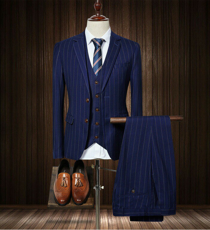 3点セット ビジネススーツ メンズ おしゃれスーツ 3ピーススーツ ストライプ柄 オールシーズン フォーマル スリムフィットスタイル セレモニースーツ 春夏秋冬 紳士 結婚式 舞台 お洒落 細身 入学式 卒業式 冠婚葬祭 夏物