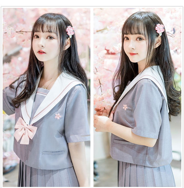 【限定セール】S~2XL 3点セット 灰色 可愛いデザイン桜 さくら 上下セット セーラー服 女子制服 JK制服 コスプレ 高校生 コスプレ可愛い レディース 学園祭 大人 クリスマス ハロウィン コスチューム衣装 高校生 中学生 cos cosplay レディース学園祭 TK-S