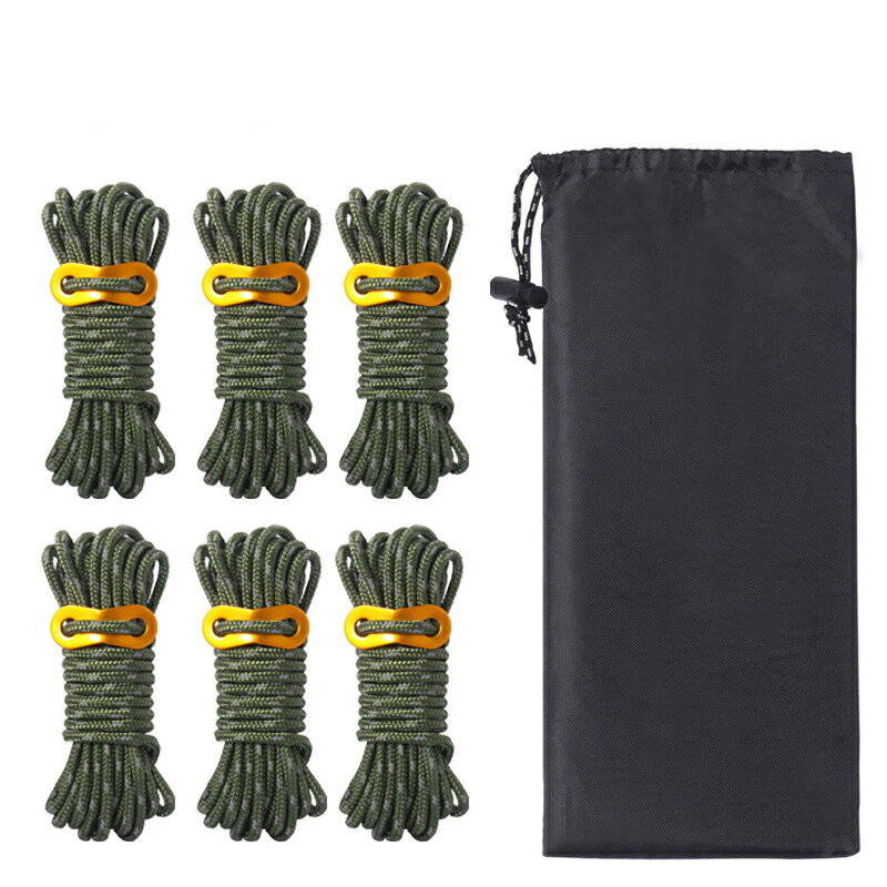 ★期間限定セール!【送料無料】アウトドア テントロープ 4mm 長さ4m 6本 耐荷重300KG 反射 高い強度 耐久性 反射材入り 自在金具 調節しやすい