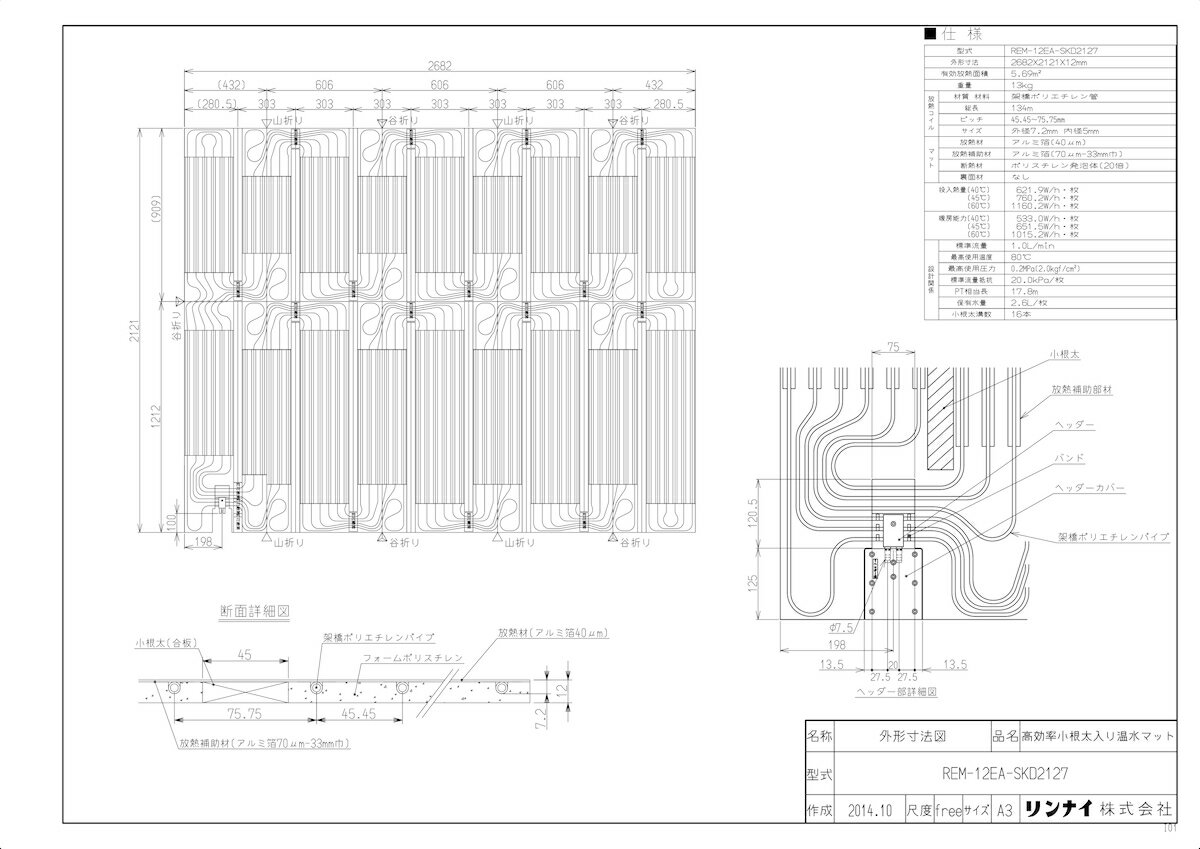 【REM-12EA-SKD2127】 《TKF》 リンナイ 床暖房 高効率小根太入り温水マット 新築向け 水温40度 ωα0