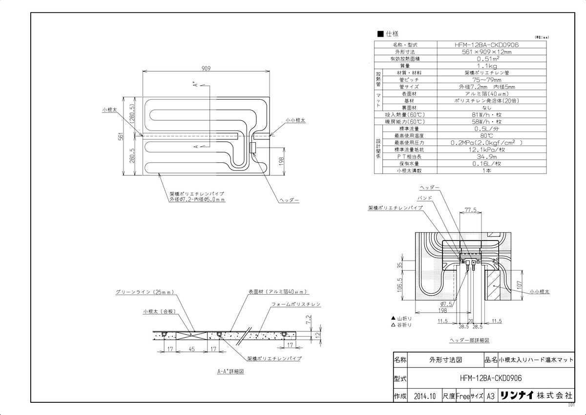 【HFM-12BA-CKD0906】 《TKF》 リンナイ 床暖房 小根太入り温水マット 新築向け 水温60度 ωα0 1