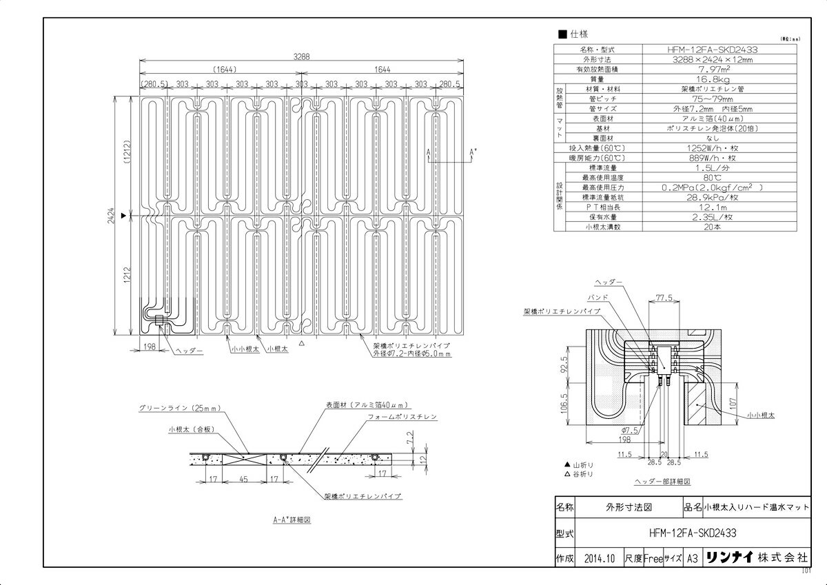 【HFM-12FA-SKD2433】 《TKF》 リンナイ 床暖房 小根太入り温水マット 新築向け 水温60度 ωα0