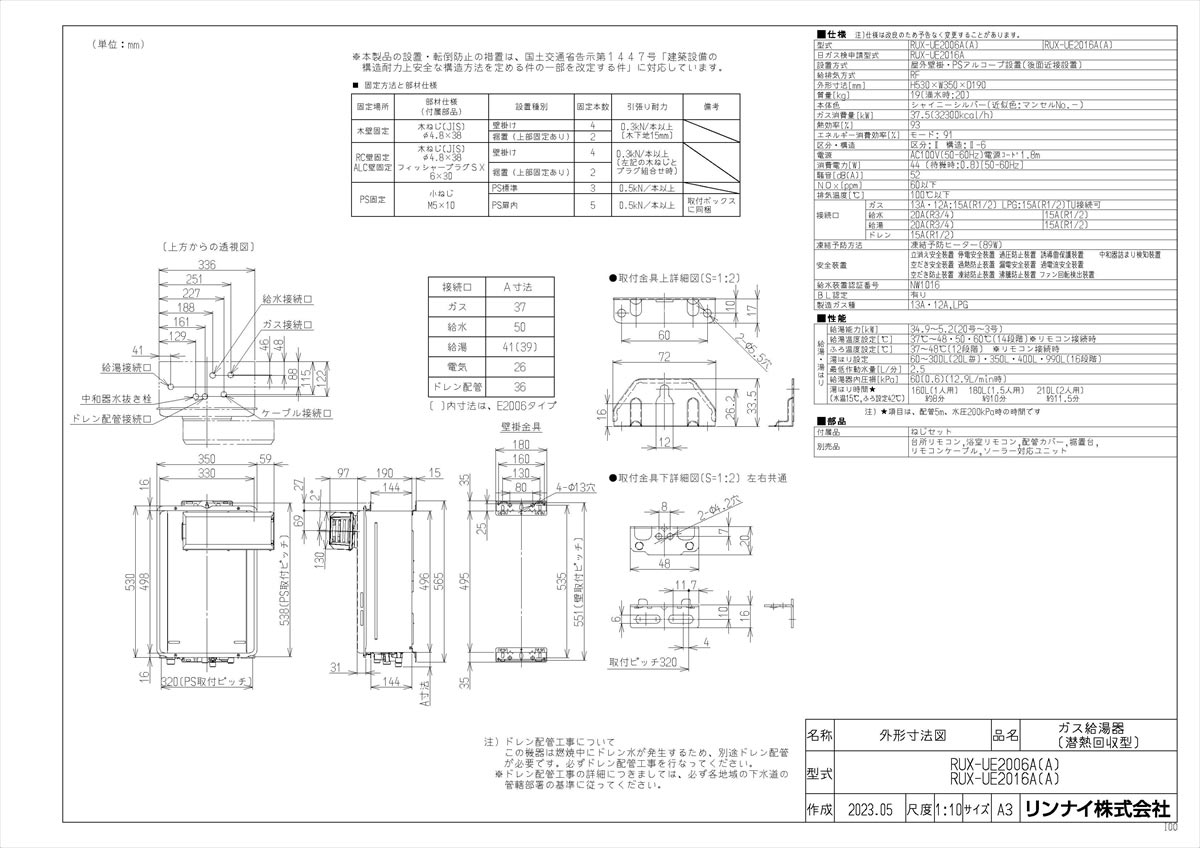 【RUX-UE2016A(A)】 《TKF》 リンナイ 給湯専用 ウルトラファインバブル 20号 アルコーブ設置型 ωα0