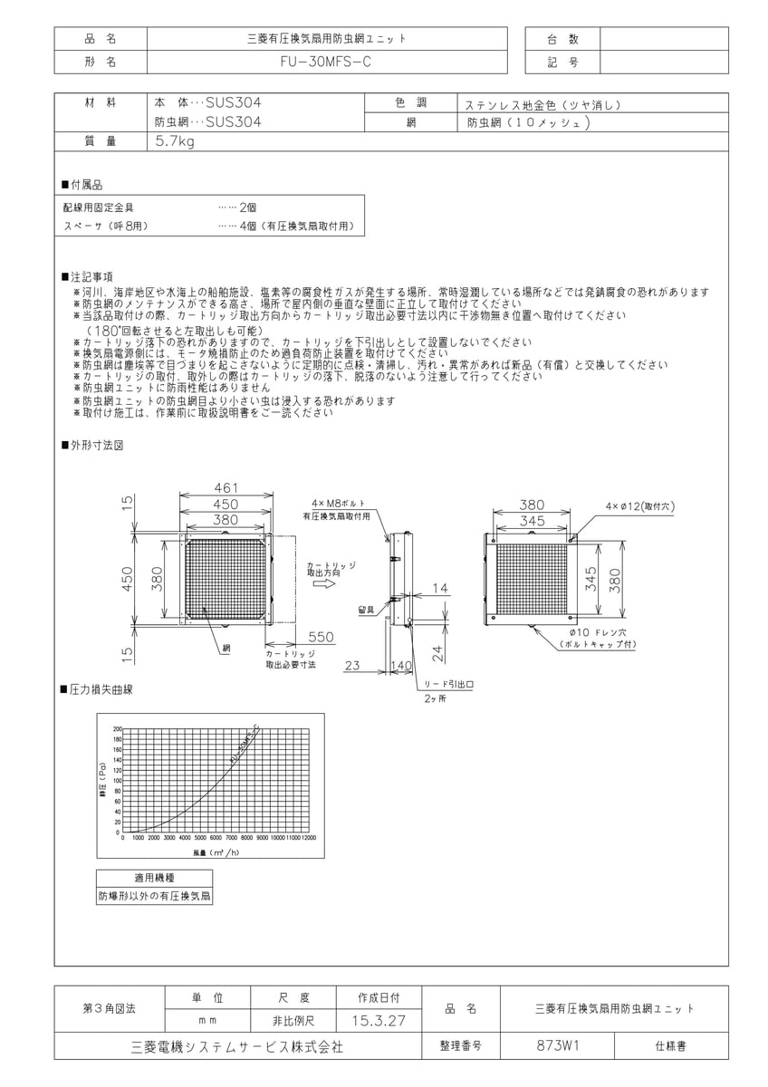 【FU-30MFS-C】 《TKF》 三菱電機 SUS製防虫網ユニット ωτ0